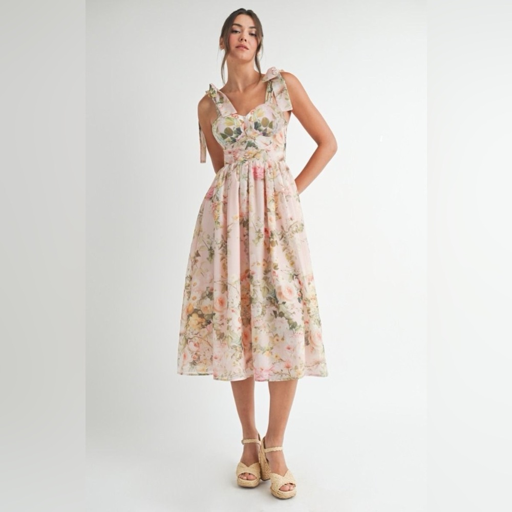 Tie Shoulder Floral Print Sweetheart Midi Dress - EB Luxe